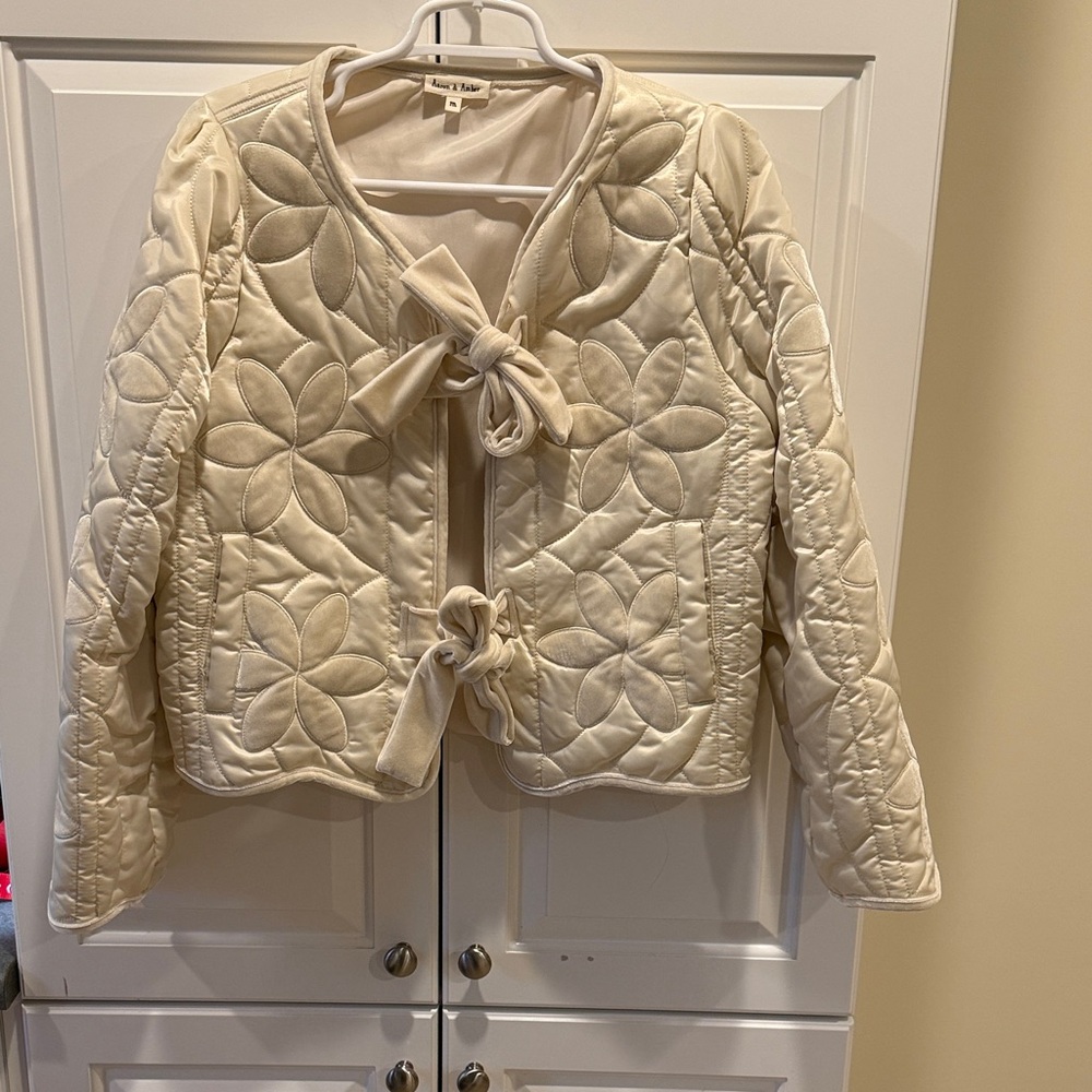 Cream Quilted Puffer Jacket with Bow and Velvet  Details